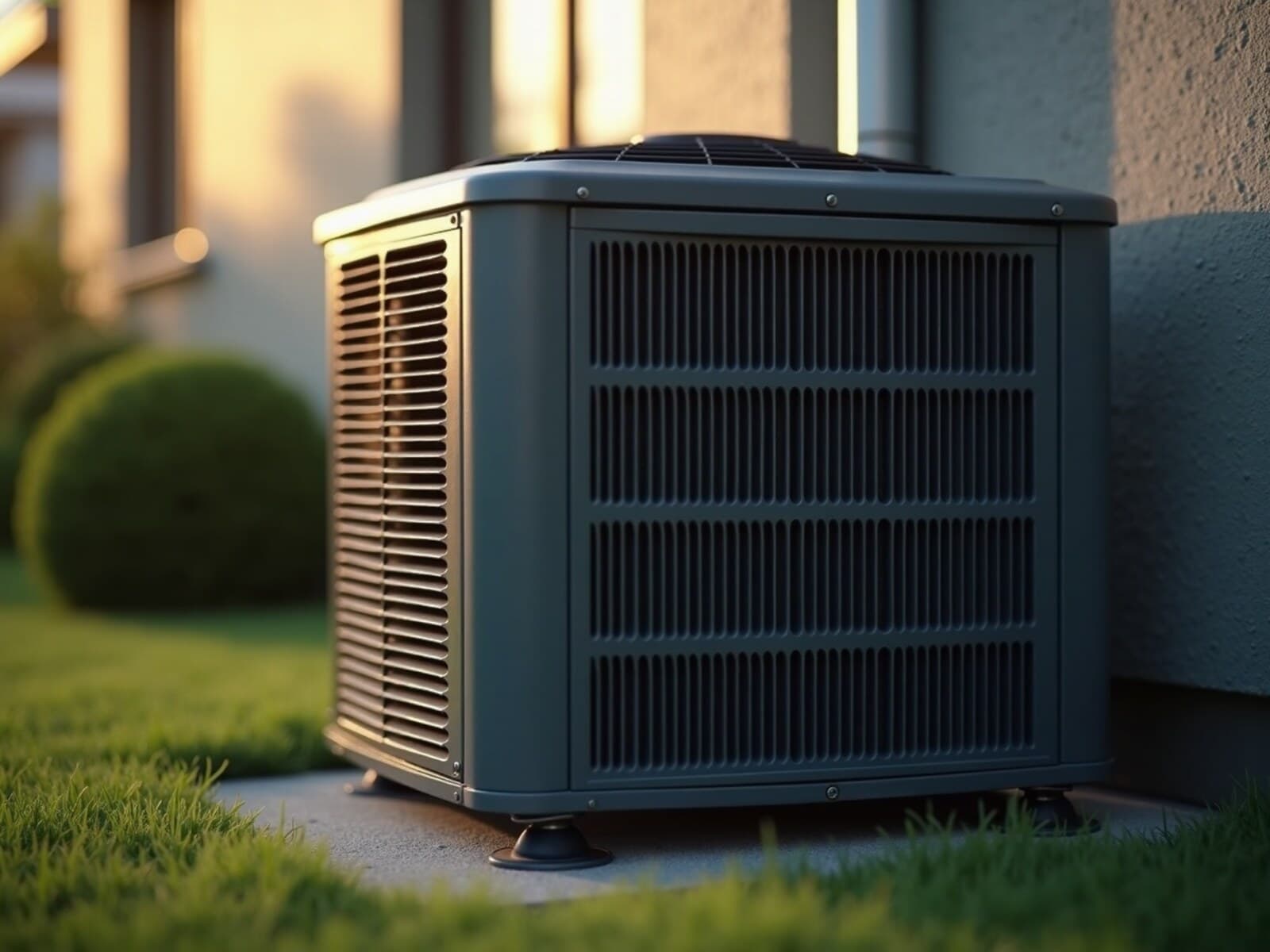 Residential central air conditioning condenser unit beside a home