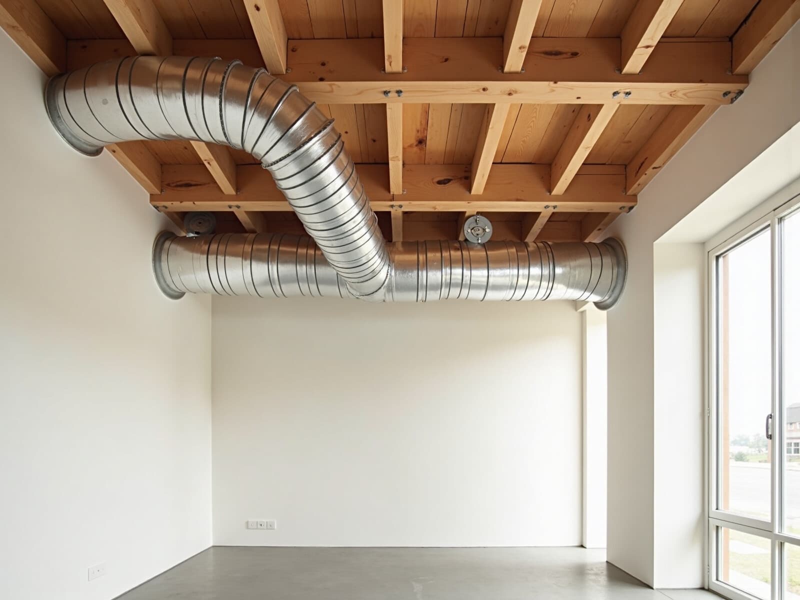 Round galvanized spiral ductwork running below an exposed wood-joist ceiling