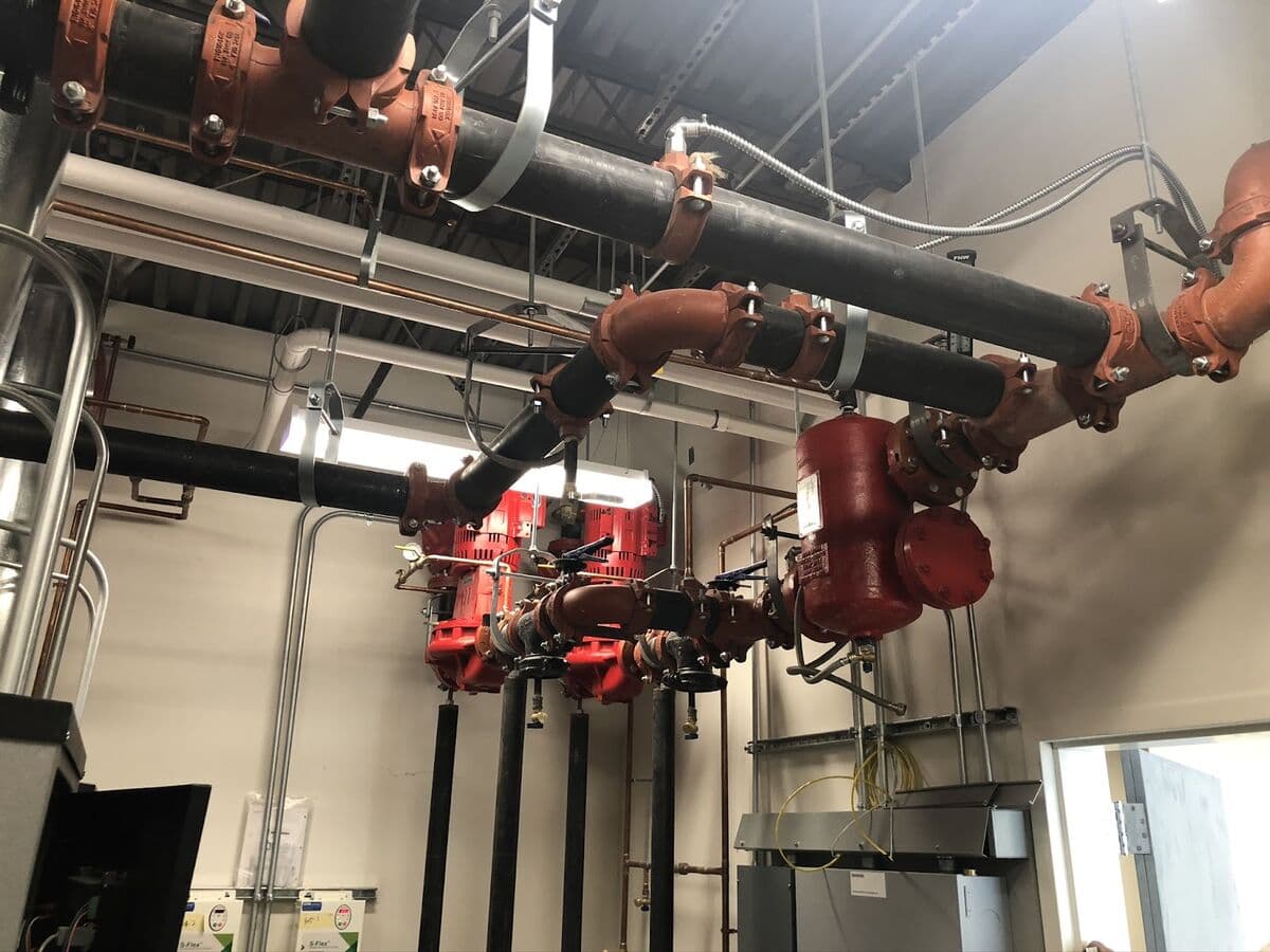 Commercial mechanical room with boiler piping and pumps
