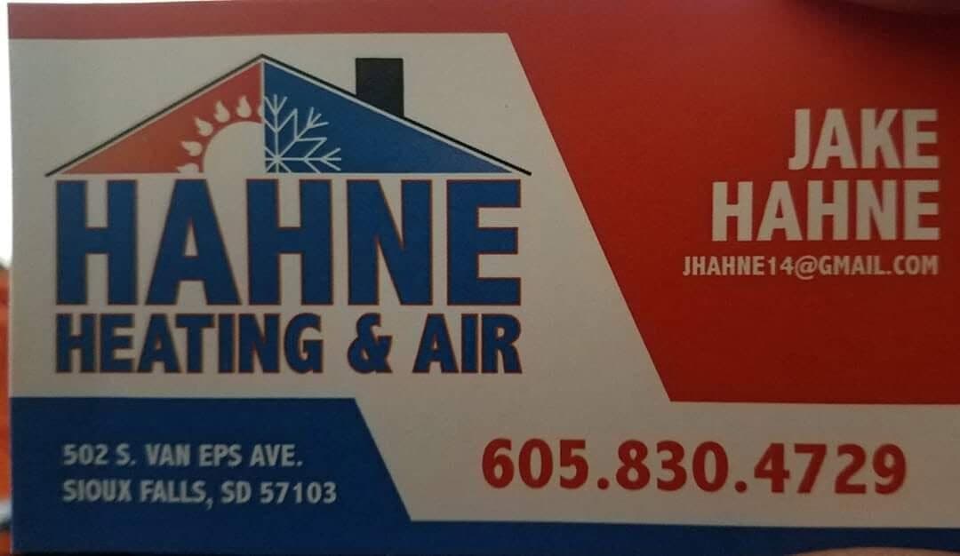 Hahne Heating & Air business card: Jake Hahne, 605.830.4729, 502 S Van Eps Ave, Sioux Falls SD