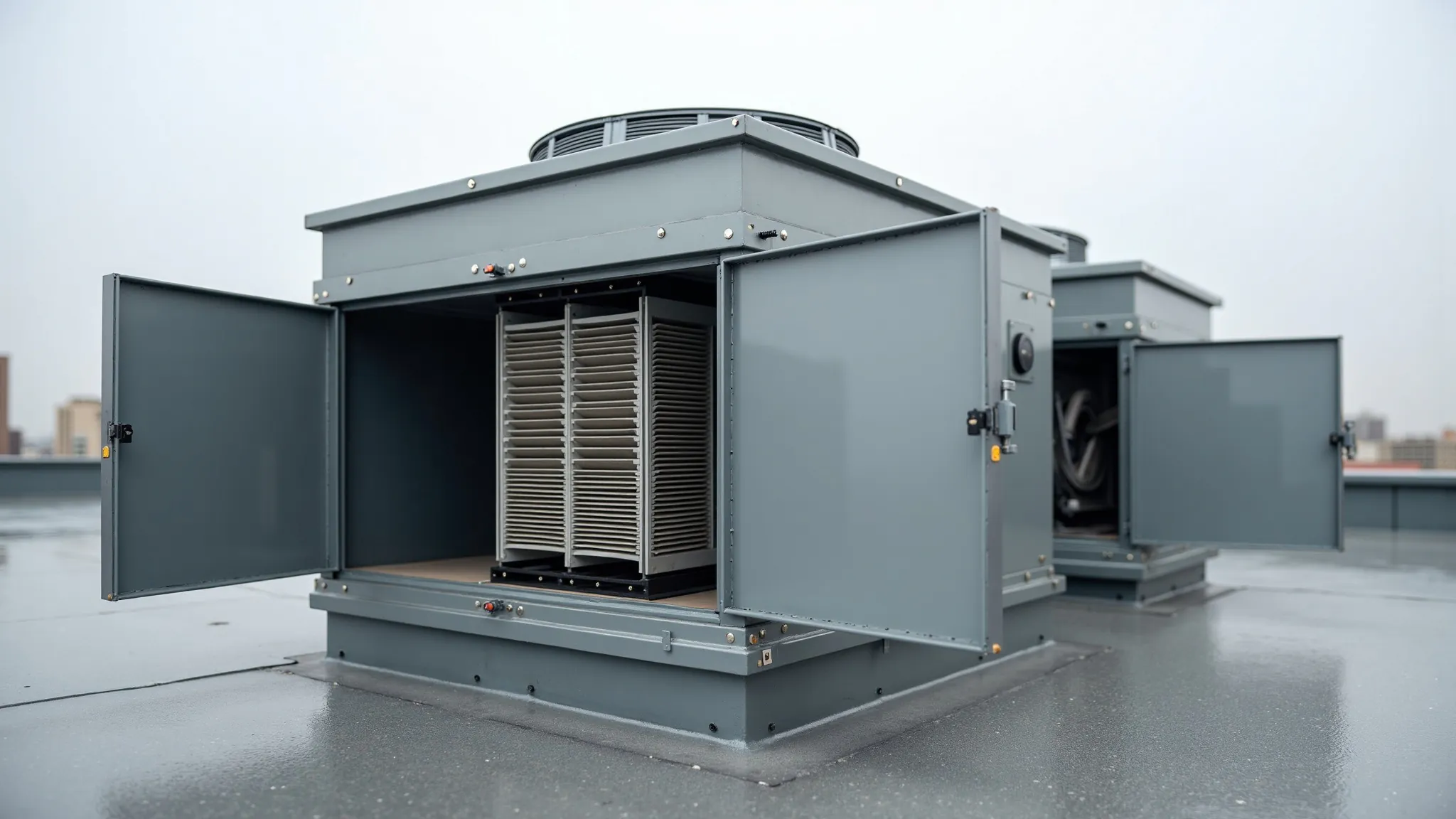 Commercial rooftop unit with its service panels open, showing the filter bank and fan