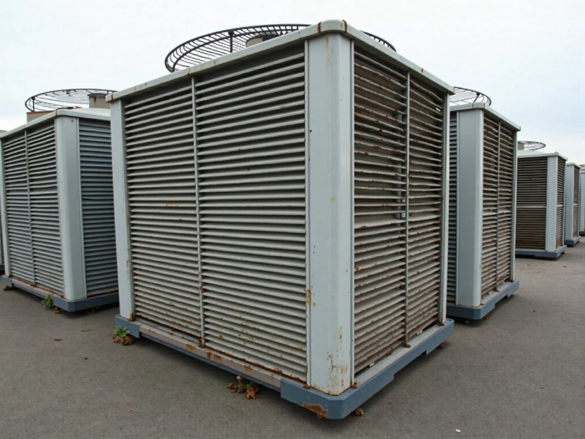 A row of weathered commercial condensing units standing side by side on a flat concrete deck under an overcast sky