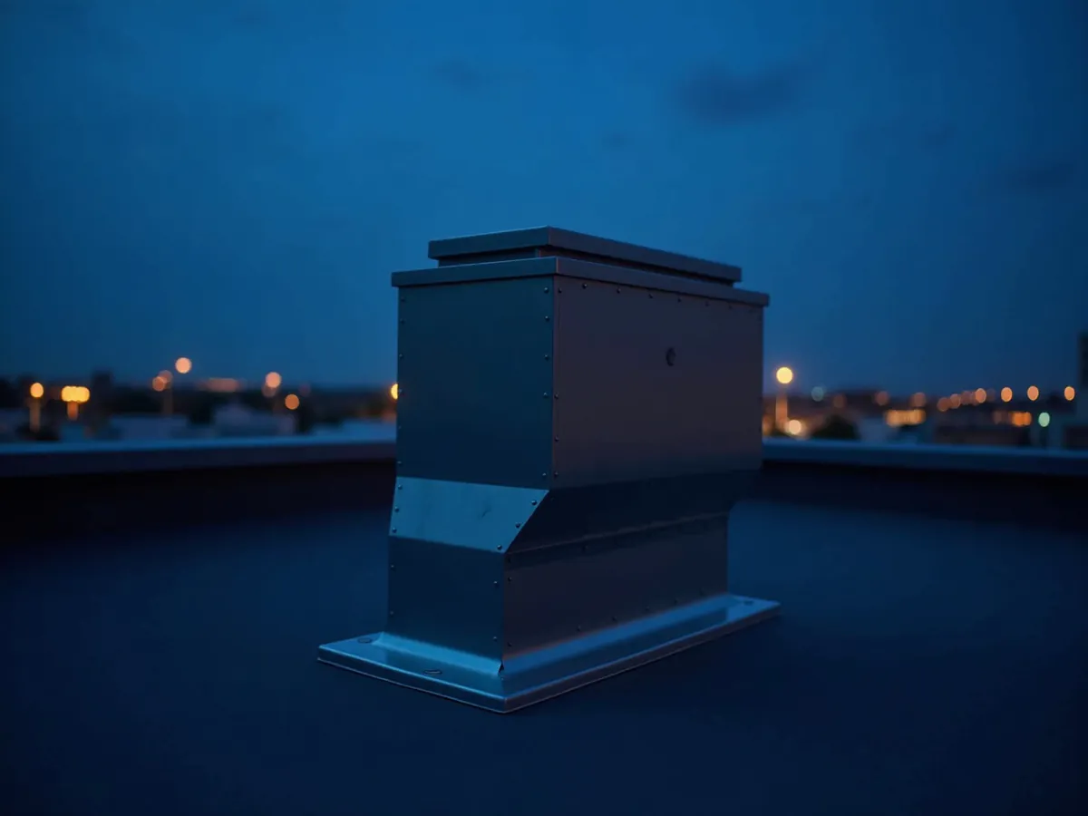 Commercial rooftop unit and duct drop on its roof curb at dusk
