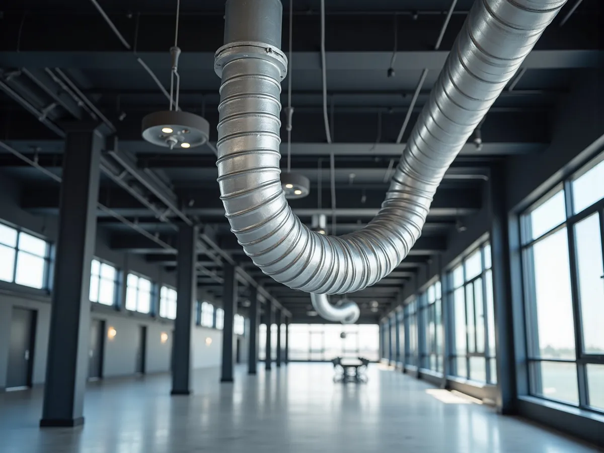 Round spiral galvanized duct running through an open-ceiling commercial interior