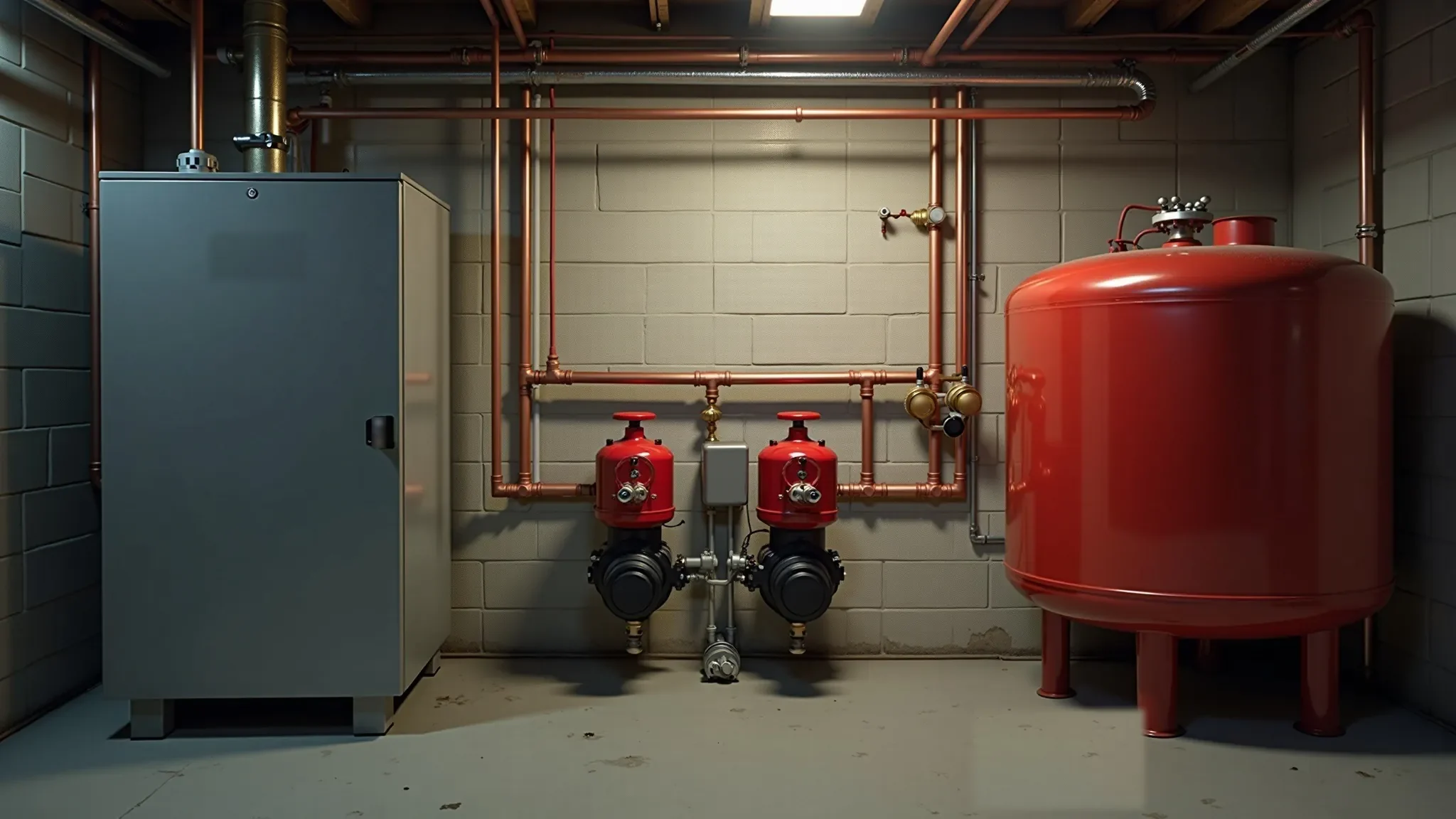 Commercial hydronic heating plant: boiler, copper header, circulator pumps, and expansion tank
