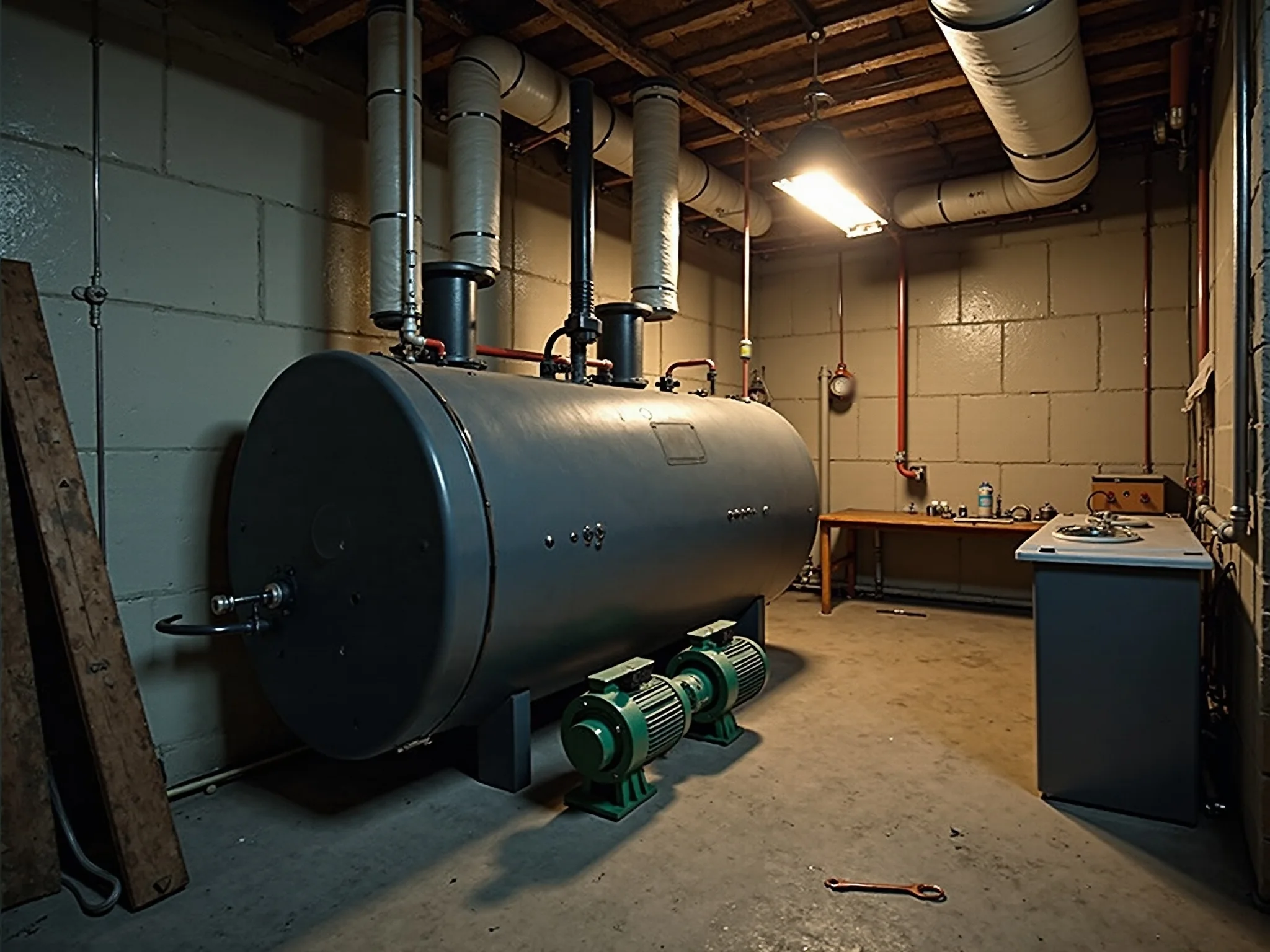 A commercial boiler in a working mechanical room, with its flue, insulated headers, and circulator pumps