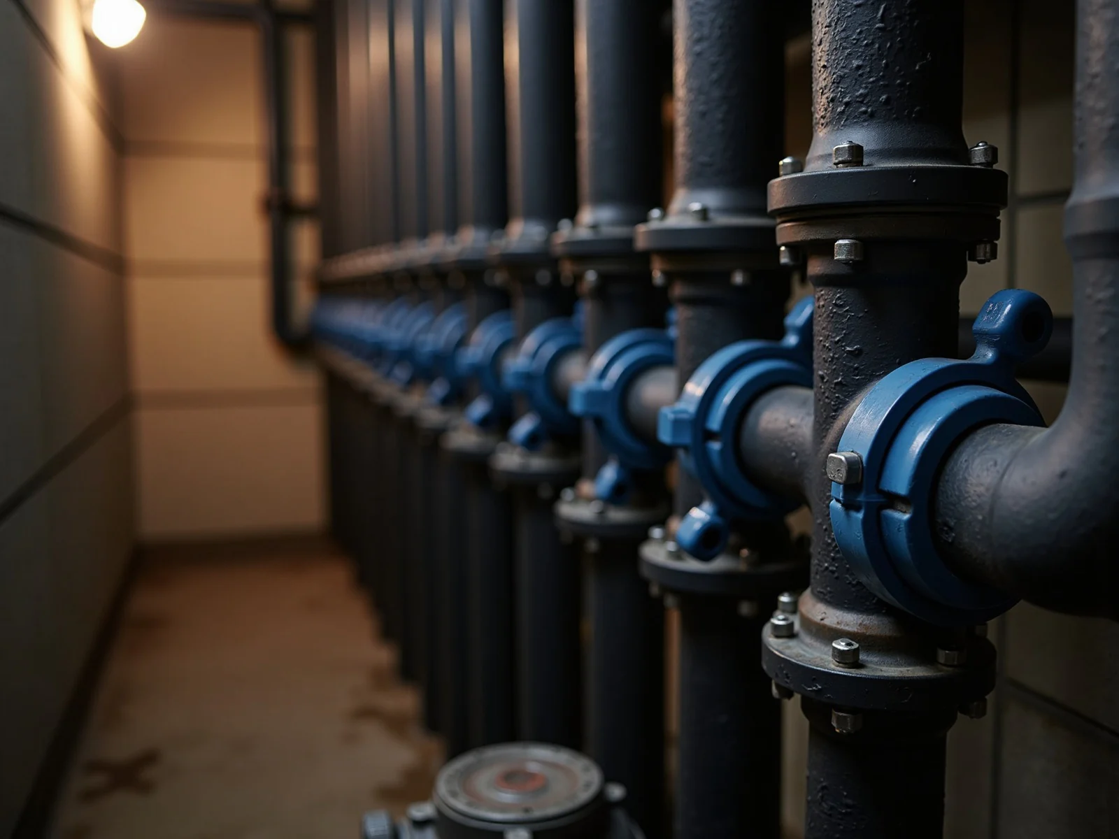 Geothermal ground-loop manifold with valved loops and a flow-centre pump in a mechanical room