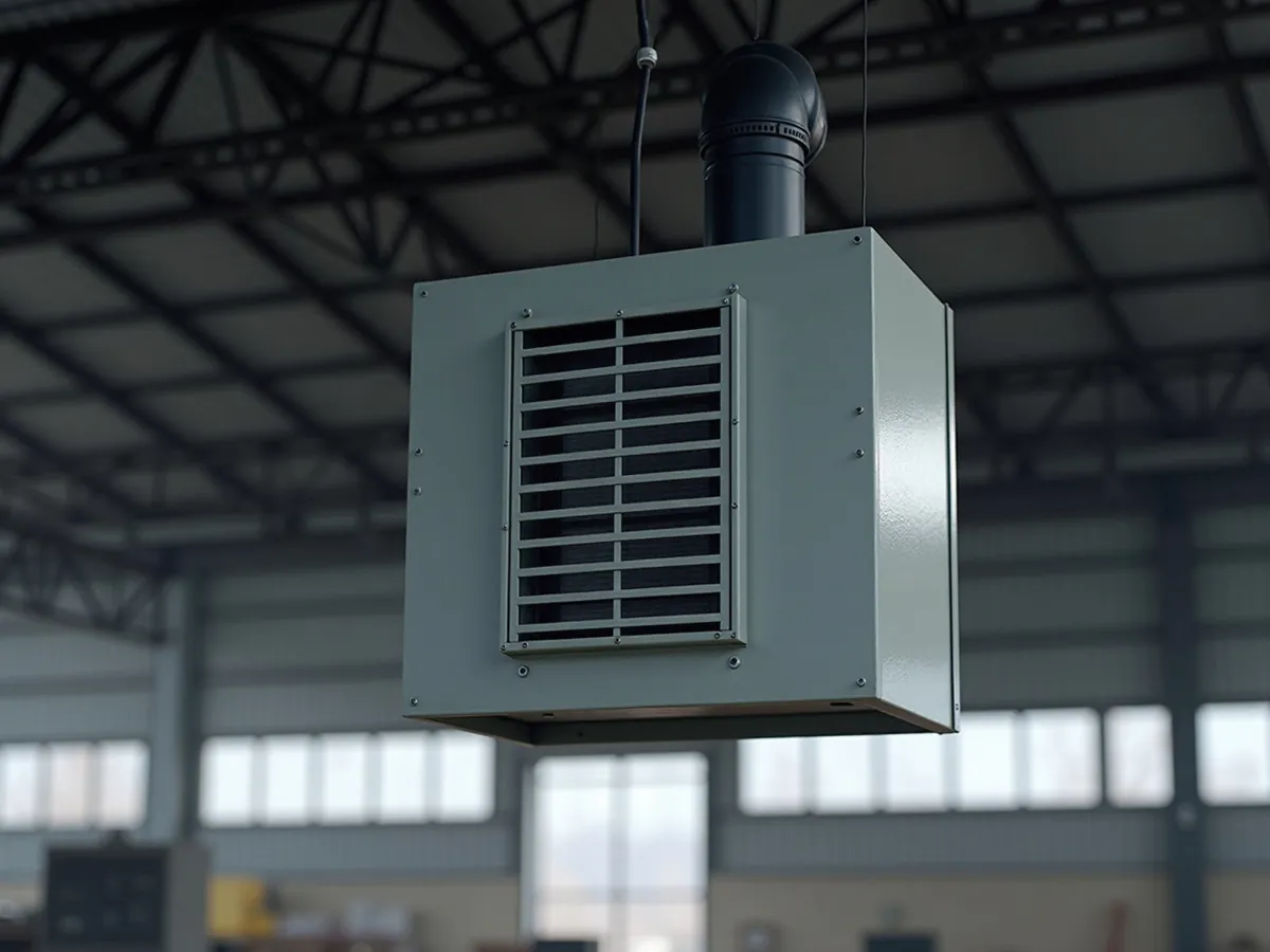 Gas unit heater hung from the roof structure of a warehouse