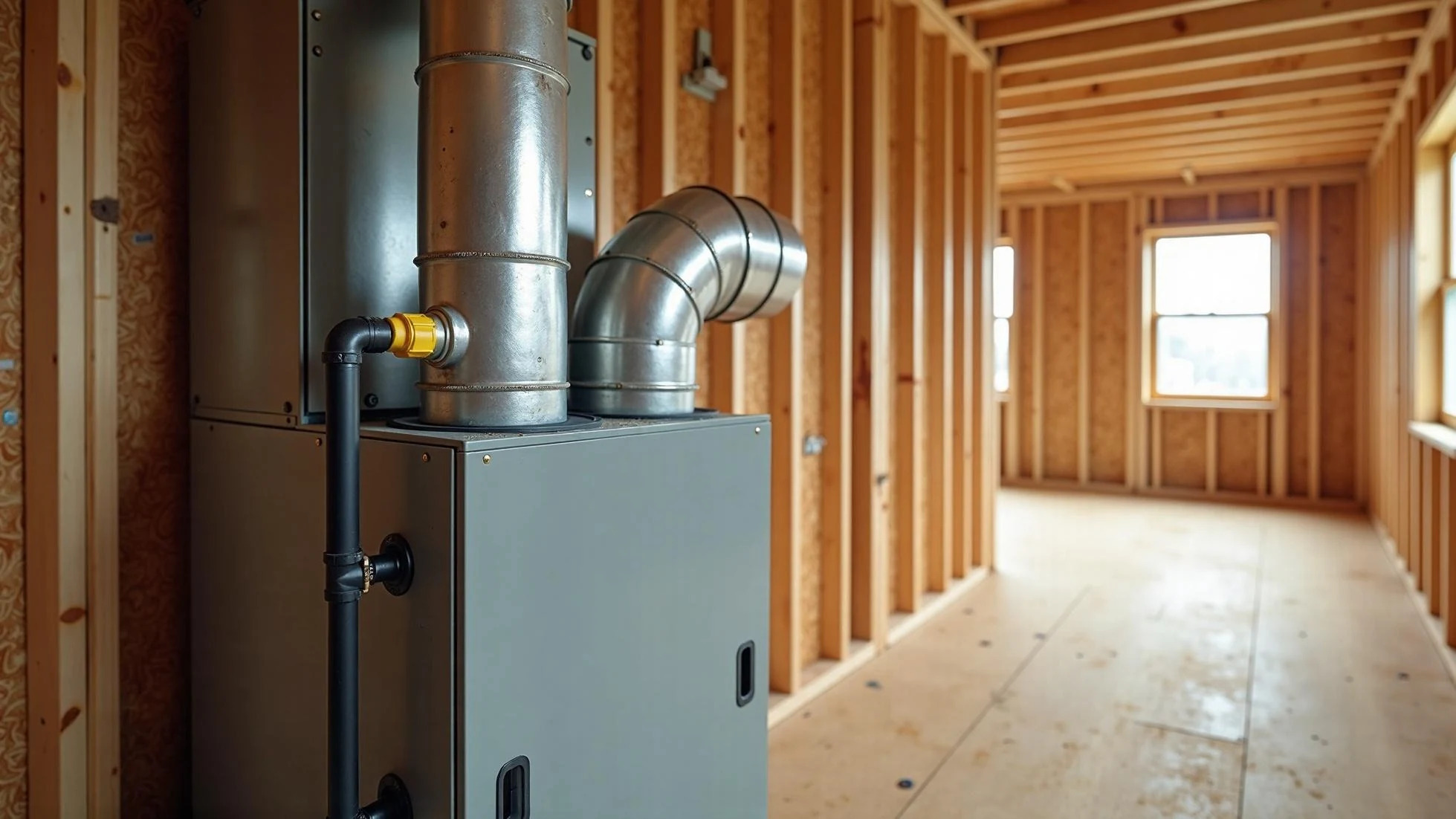 HVAC rough-in inside a framed house: furnace set on the subfloor with supply duct running through the framing