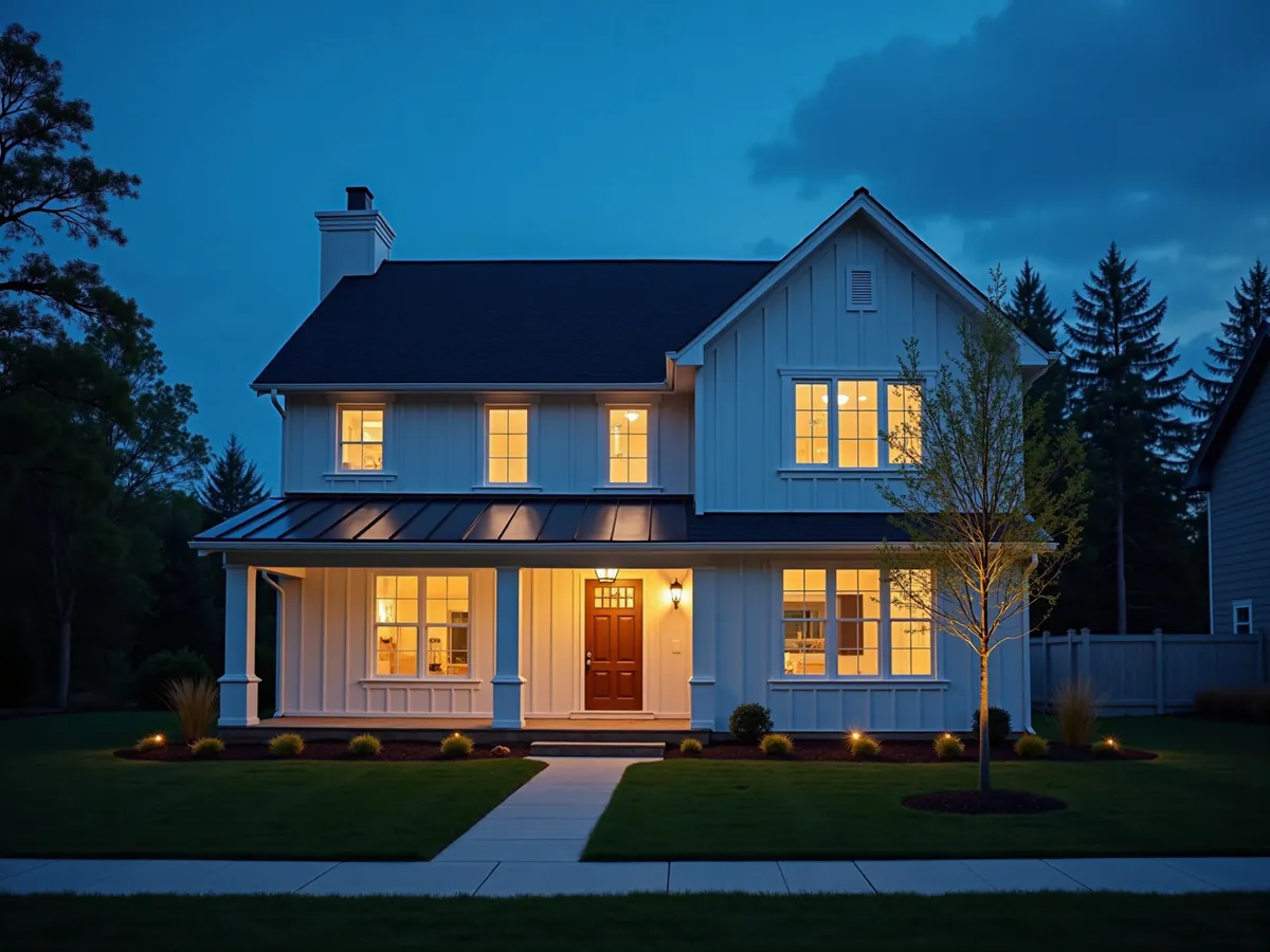 Newly finished suburban home lit at dusk
