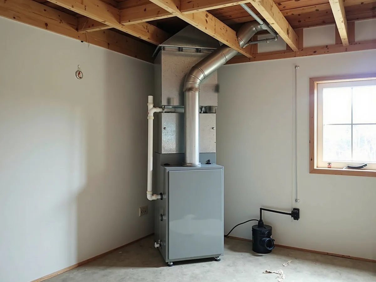 Finished mechanical room in a new home: furnace, sheet-metal plenum, and flue running up into the joists