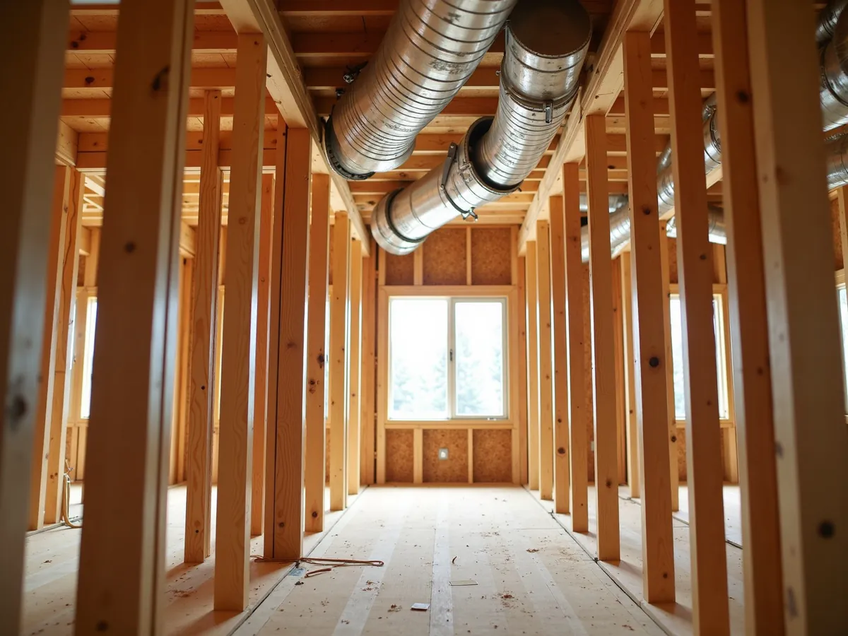 Round duct runs threaded between the floor joists of a house under construction
