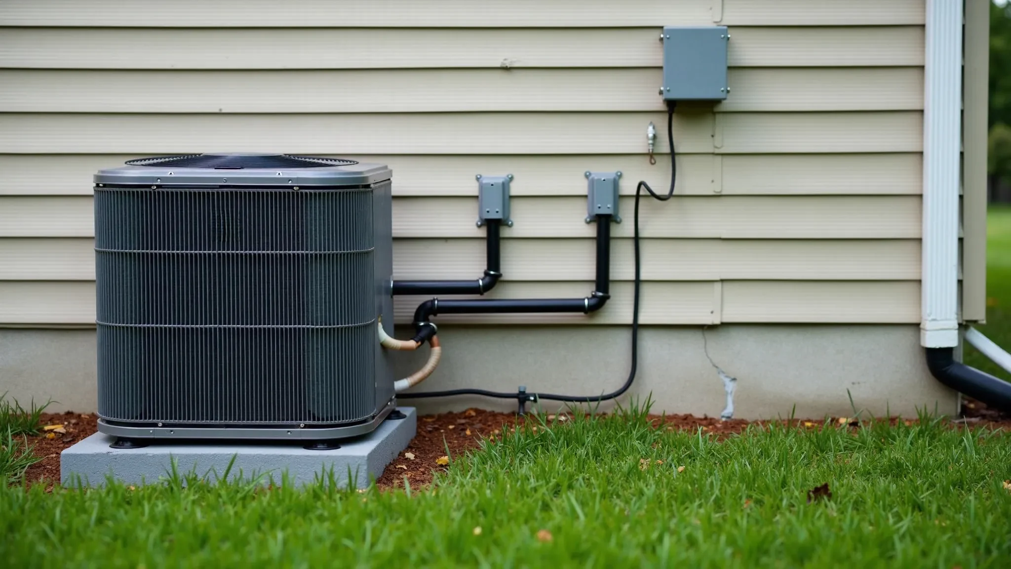 The outdoor half of a residential split system: top-discharge condenser, insulated refrigerant line-set, and electrical disconnect