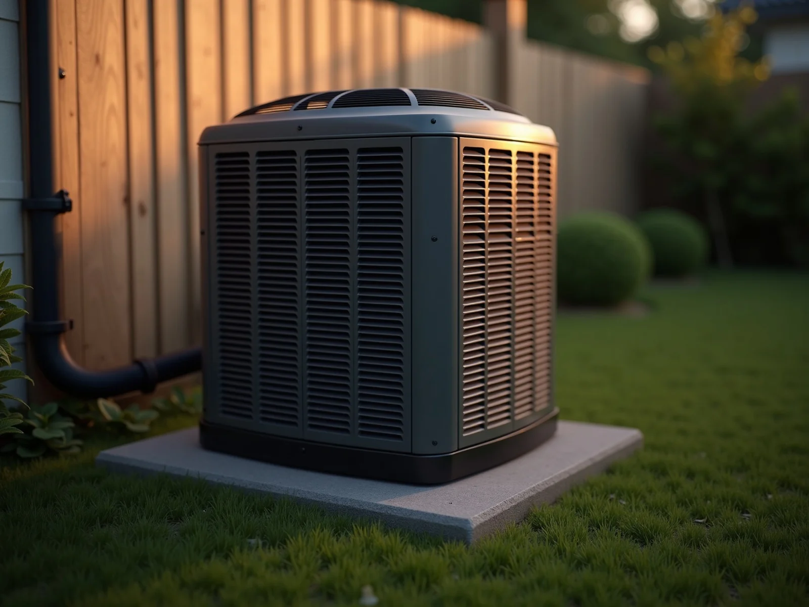 Central air conditioning condenser on a concrete pad beside a home