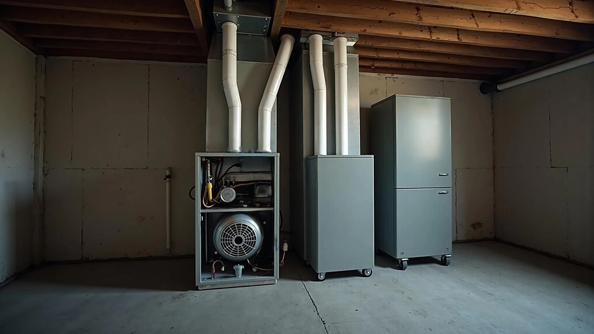 Residential gas furnace with the front panel off, showing the blower, plenum, ductwork, and PVC venting