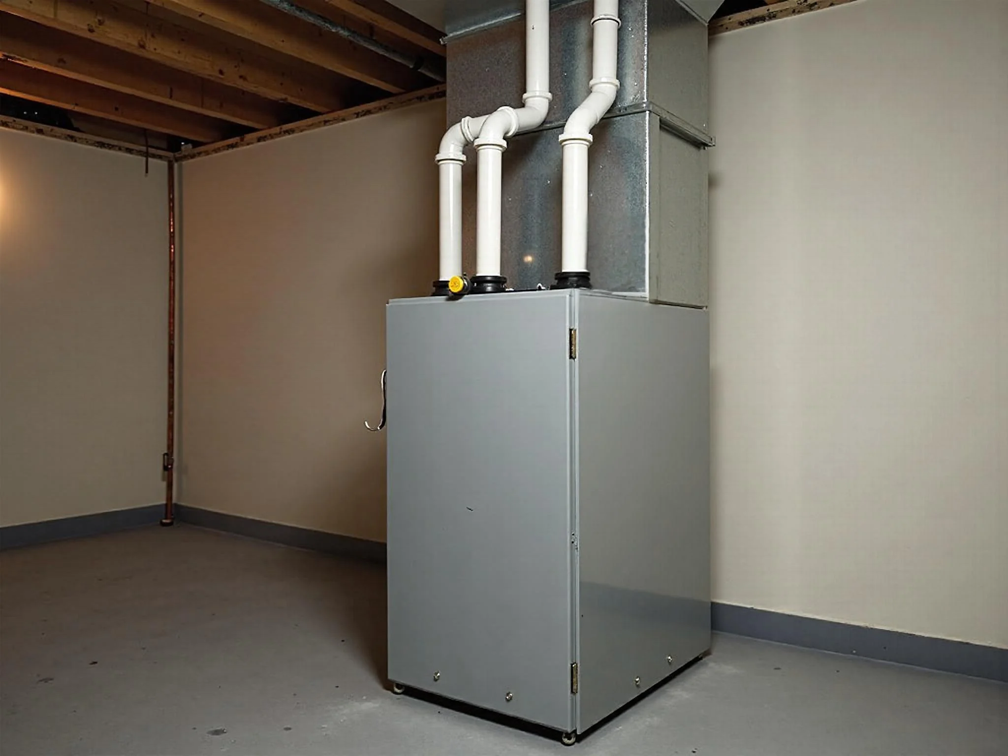 High-efficiency gas furnace with PVC venting in a clean residential basement