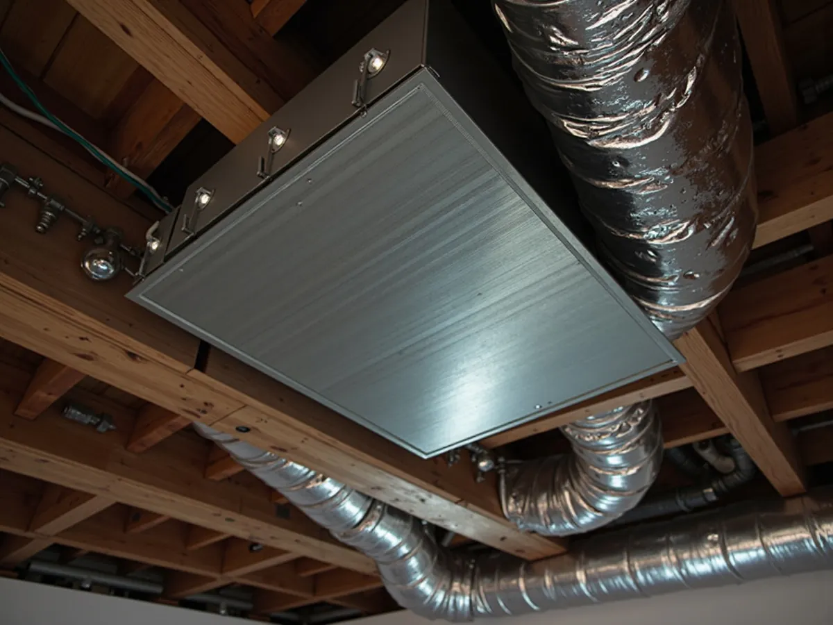 Galvanized sheet-metal supply plenum with round duct takeoffs running between basement joists