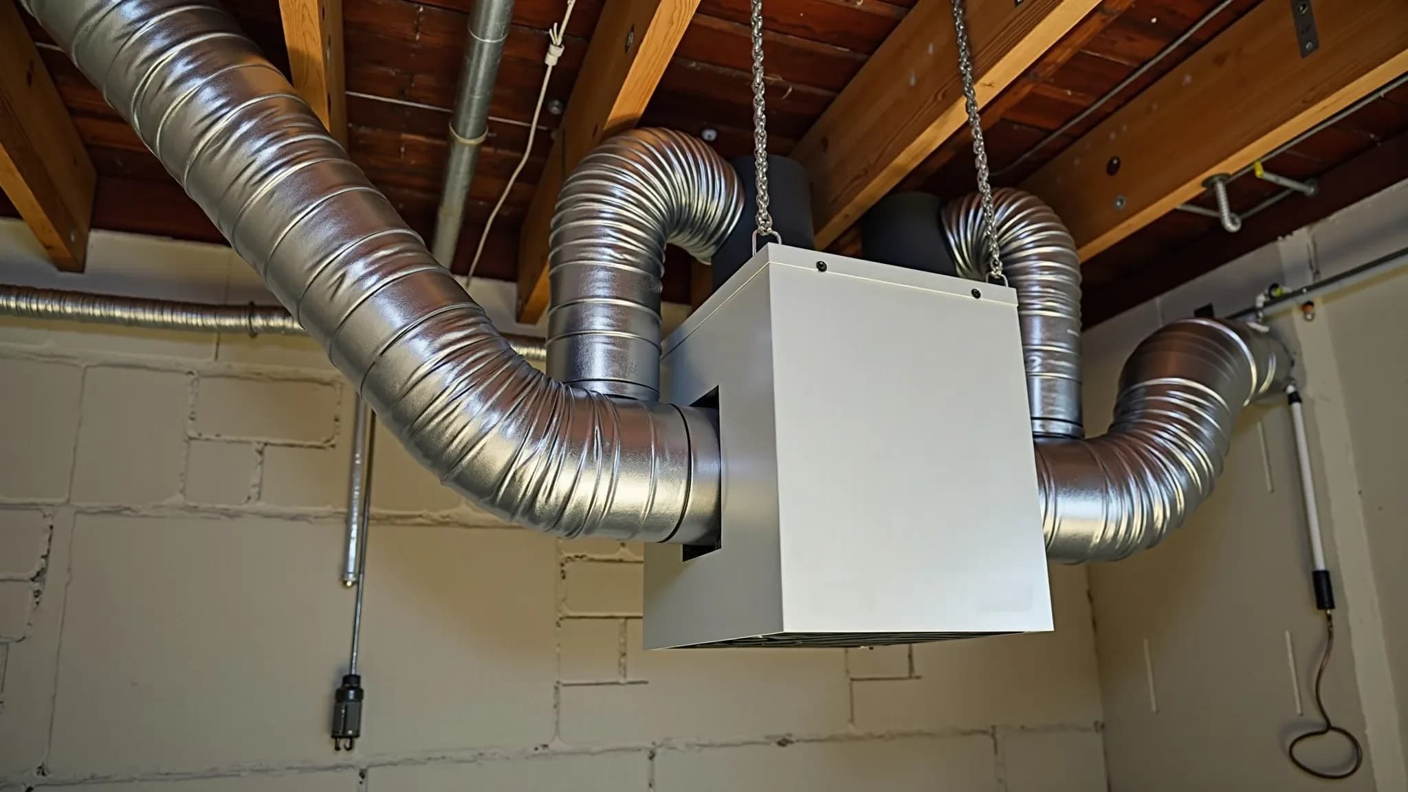 Whole-home ventilator hung from basement joists with insulated duct running off both sides